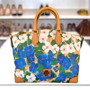 Dooney & Bourke Pansy Domed Satchel Yellow Blue Tan White Floral